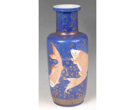 A Chinese glazed stoneware Rouleau fish vase, the blue ground decorated with four trailing stylised carp painted in tones of 