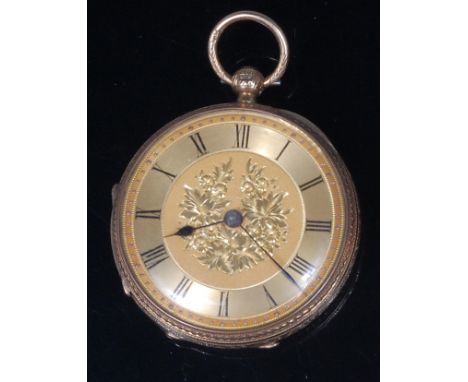 A late Victorian gents 18ct gold cased open faced pocket watch, having a gilded and engraved dial, the chapter ring with Roma