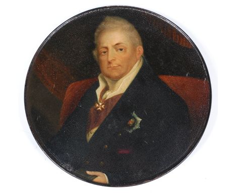An English papier-mache box cover, circa 1830, finely painted after Henry Dawe with a portrait of William IV (reigned 1830-18