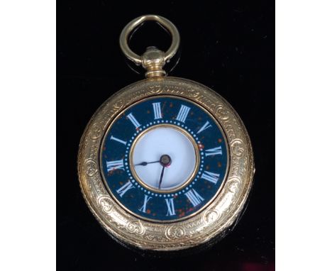 A continental 18ct gold cased ladies half hunter pocket watch, having engraved case, bloodstone enamel chapter ring, white en