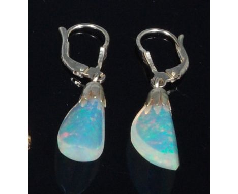 A pair of polished and faceted opal ear pendants, in 14ct white gold mounts, 20mm (excluding clips)