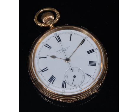 A Thomas Russell & Son of Liverpool gents 18ct gold cased open faced pocket chronograph, having signed white enamel dial, wit