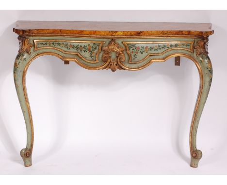 A continental Rococo Revival polychrome painted console table, having painted slate top, on French cabriole supports with scr