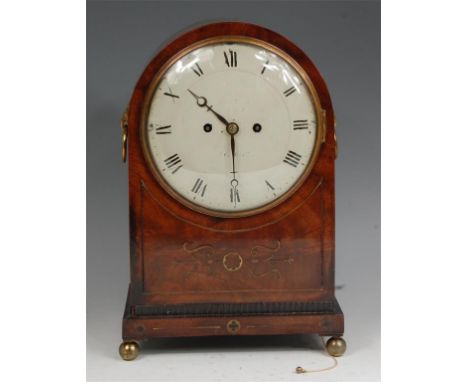 A Thwaites & Reed of London Regency mahogany and brass inlaid bracket clock, having a convex white enamel dial indistinctly s