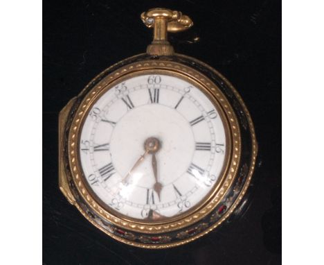 A mid-18th century gold and lacquer cased repeating pocket watch by Charles Quenouault, of London, having a circular convex w