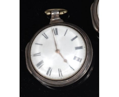 Hall of Sleaford silver pair cased open faced pocket watch, having white enamel dial with Roman numerals, yellow metal hands,