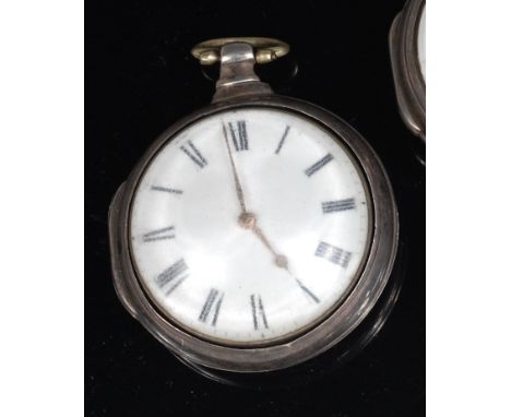 Hall of Sleaford silver pair cased open faced pocket watch, having white enamel dial with Roman numerals, yellow metal hands,