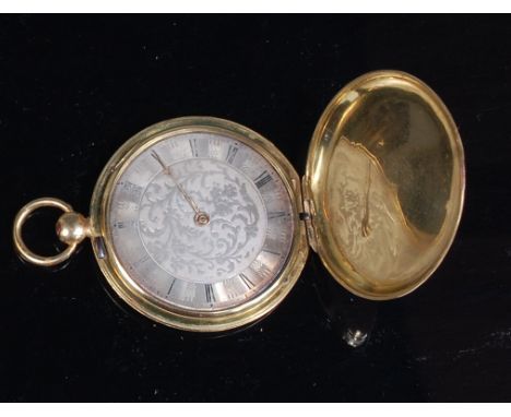 A late 19th century continental yellow metal cased full hunter gents pocket watch, the case with fine engine turned decoratio