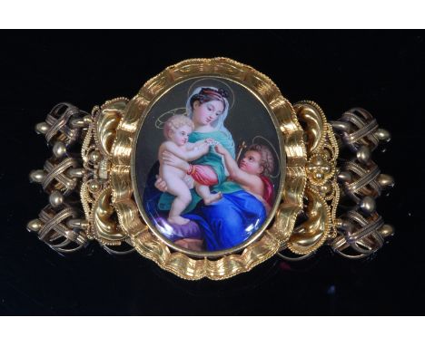 Circa 1900 continental school - Madonna and Child with attendant cherub, watercolour miniature on mother of pearl, in yellow 