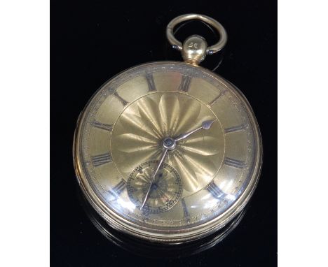 G & W E Etheridge of Norwich 18ct gold cased open faced gents pocket watch, the case with fine engine turned decoration, havi