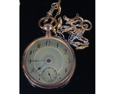 A Continental 14ct gold cased gents open faced pocket watch, having engine turned silvered dial, subsidiary seconds dial, key