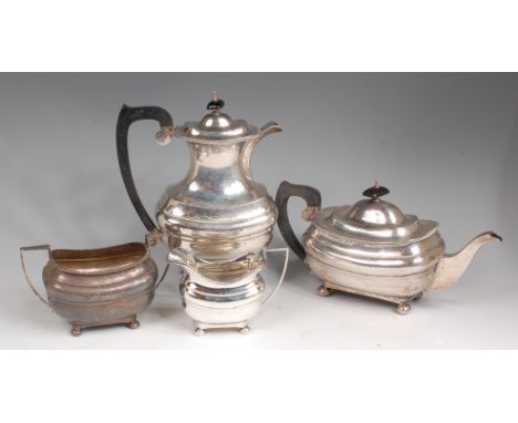 A Regency style silver four piece tea and coffee service, comprising; ebony handled coffee pot, teapot, twin handled sugar an