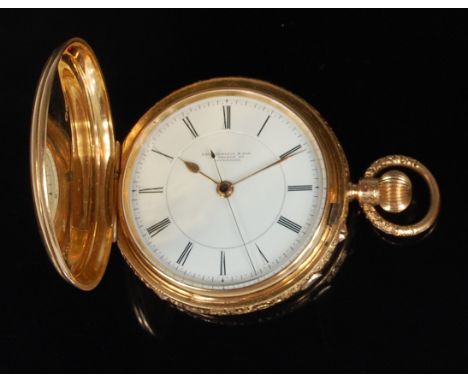 Thomas Russell & Son of Liverpool 18ct gold cased gents full hunter pocket watch, having plain covers with chased edge, 18ct 