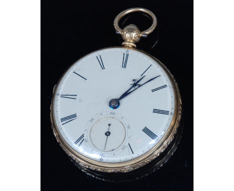 A mid-Victorian 18ct gold cased gents open faced pocket watch, having unsigned white enamel dial, subsidiary seconds dial, ke