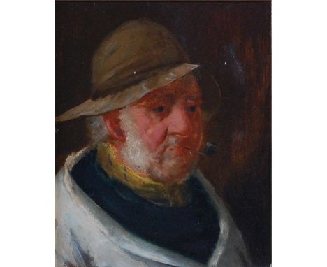 David W Haddon (act.1884-1914) - Head and shoulders portrait study of a pipe-smoking fisherman, oil on board, 26 x 21cm