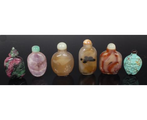 A collection of six Chinese ovoid snuff bottles, in various carved hardstones to include amethyst and turquoise, the largest 