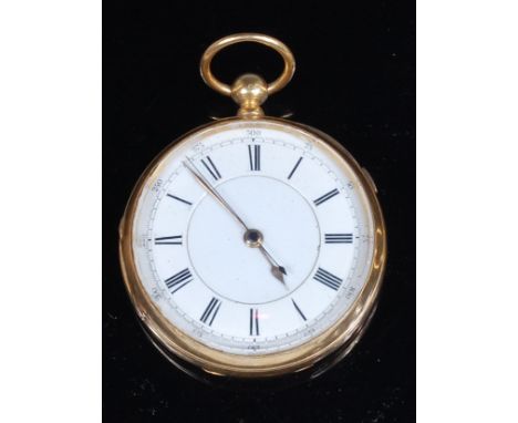 A late Victorian 18ct gold cased gents open faced pocket watch, having white enamel dial with Roman numerals, fine outer scal