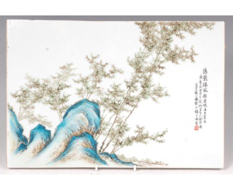 In the manner of Xu Zhongnam - Chinese glazed stoneware rectangular plaque, enamel decorated in tones of green and blue, depi