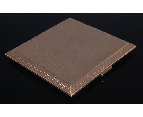 An Art Deco 9ct gold pocket cigarette case, having all-over engine turned decoration, Greek Key decorated canted corners, hin