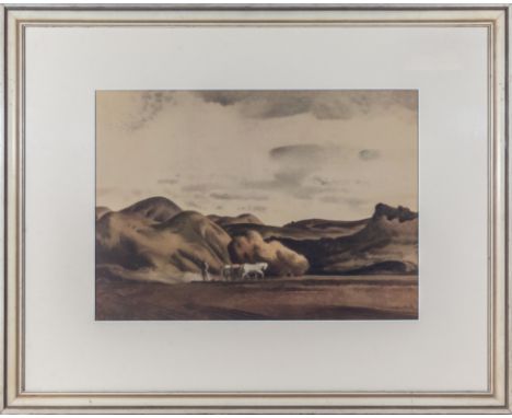 A framed print of a mountain scene with figures in the foreground
