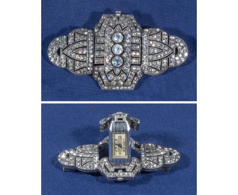 An Art Deco silver and marcasite lady's brooch/watch, 6cm