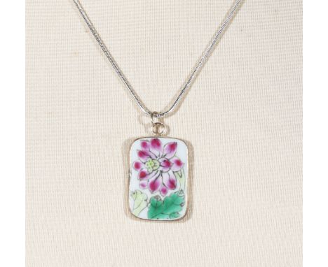 Ming Dynasty porcelain shard (flower) on sterling silver chain