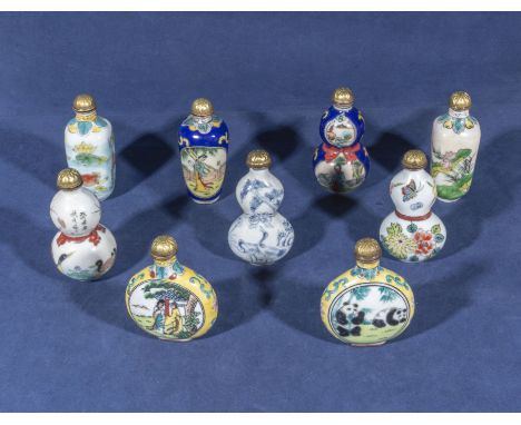 Nine 20th century Chinese decorated enamel snuff bottles