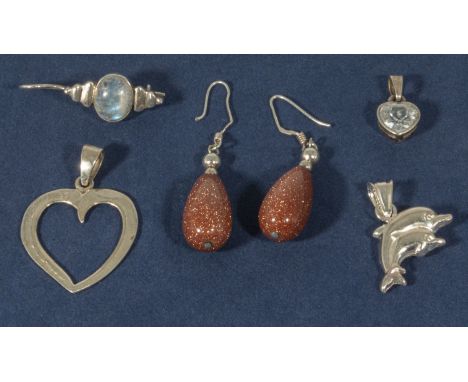 Silver jewellery pair of earrings, brooch and pendants