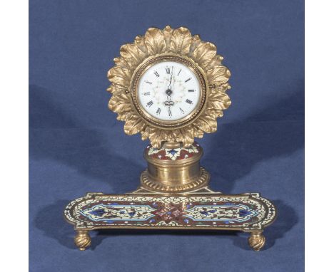 An ormolu and cloisonne desk clock with porcelain face, possibly Russian, 14cm high