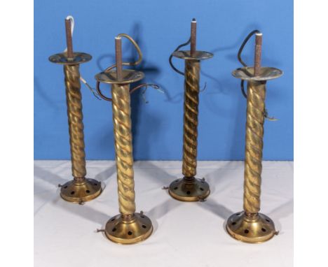 Four barley sugar twist brass light fittings, 37cm long