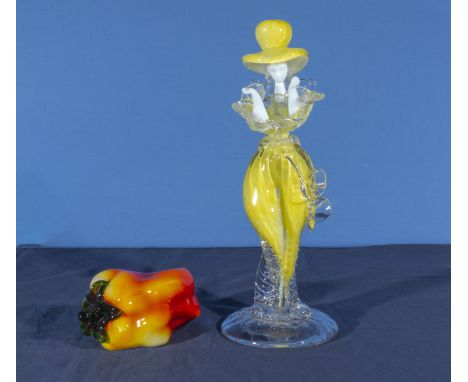 A Murano glass lady and an art glass pepper, 30cm tall and 13cm long