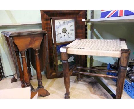 An American wall clock, together with a stool, and a drop leaf coffee table