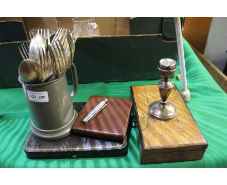 A small selection of domestic collectables to include rosewood cased drawing instruments &amp; a small silver candlestick