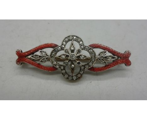 A yellow metal, diamond and enamel brooch, weight 3.8g