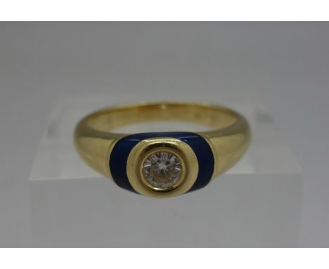 An 18ct gold, diamond and enamel ring, weight 6.4g, size P, approximately 0.4ct diamond weight