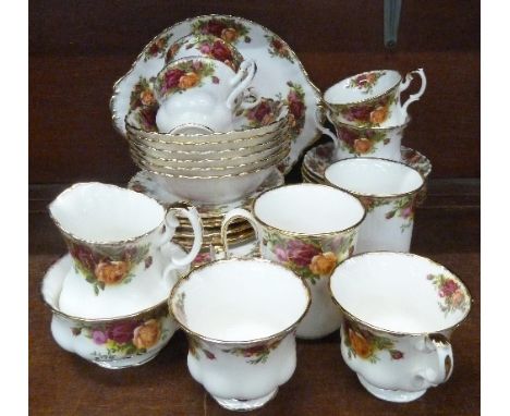 Royal Albert Old Country Roses tea ware comprising six setting service, four medium sized plates, two mugs and six bowls, thi