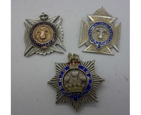 Two silver and enamel fobs and a badge, weight 76g