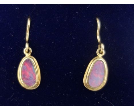 A pair of 9ct gold, opal in matrix drop earrings