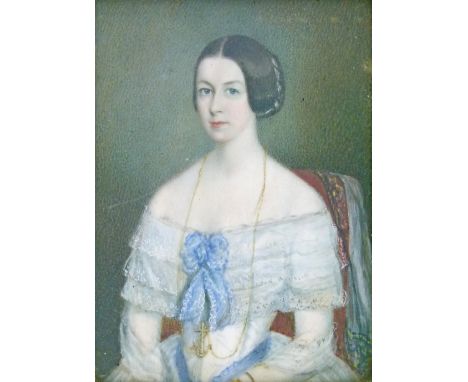 19th Century English School - Miniature on ivory - Half length portrait of a seated lady wearing a lace trimmed dress and wit