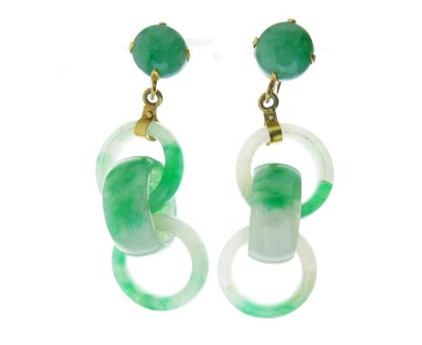 Pair of jade drop earrings, composed of three interlocking hoops to a jade button cabochon fitting, 4.2cm long, screw fitting