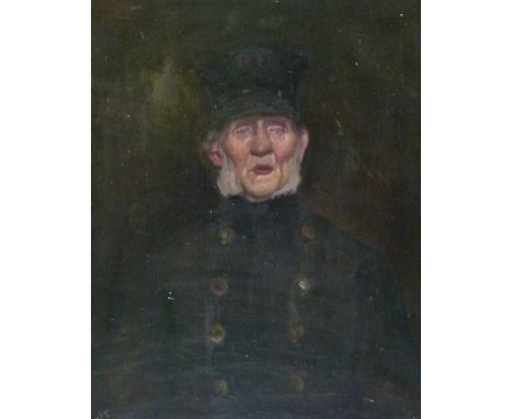 19th Century English School - Oil on canvas - Half length portrait of a Chelsea Pensioner wearing day jacket and shaka, signe
