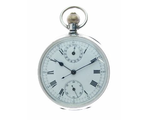 Anonymous - Silver open faced pocket watch with stop watch action, the white enamel dial with black Roman numerals, subsidiar