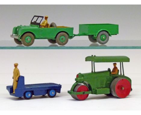 Dinky diecast - Four vehicles - Land Rover (340), mid green body and hubs with light brown interior, Land Rover Trailer (341)