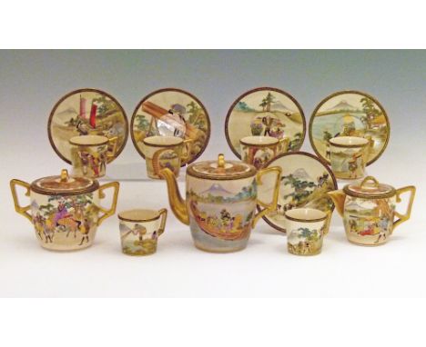 Satsuma earthenware tea service decorated with lakeland landscapes with figures from everyday life, bearing a mark that reads