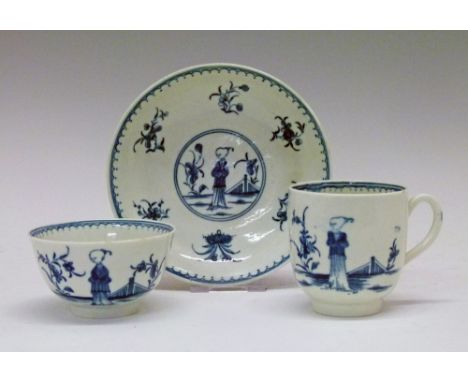 18th Century Worcester Waiting Chinaman pattern blue and white painted trio, diameter of saucer 12.25cm, height of cup 6.5cm 
