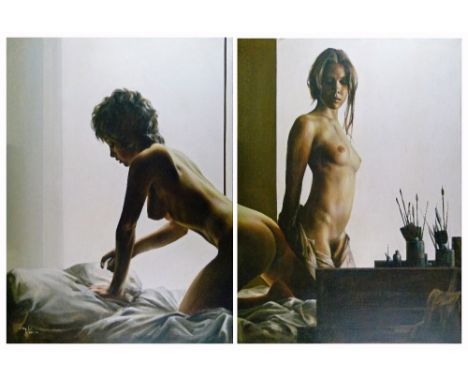 Graham Isom (b.1945) - Diptych oil on canvas - Interior scene with two female nudes, signed, each panel measuring 101cm x 76c