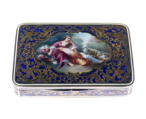 Continental engraved silver and enamel rectangular box, probably French, the hinged cover having a central reserve decorated 