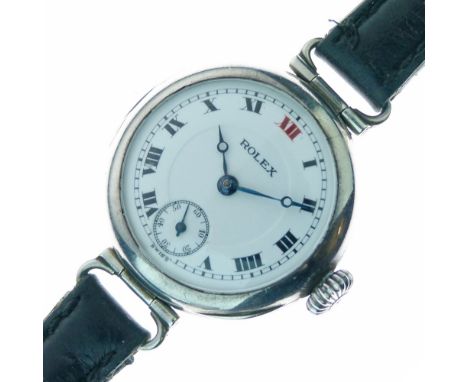 Rolex - Silver cased wristwatch, circa 1925, the signed white enamel dial with black Roman numerals, red XII, blued steel han