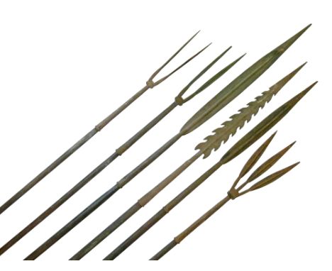 Six East African spears, pre World War I, comprising: two hunting spears, one trident fishing spear, two double-headed fishin