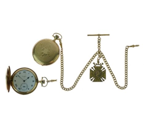 Elgin - Hunter keyless pocket watch, stamped 14k, the signed white enamel dial with black Roman numerals, sunken subsidiary s